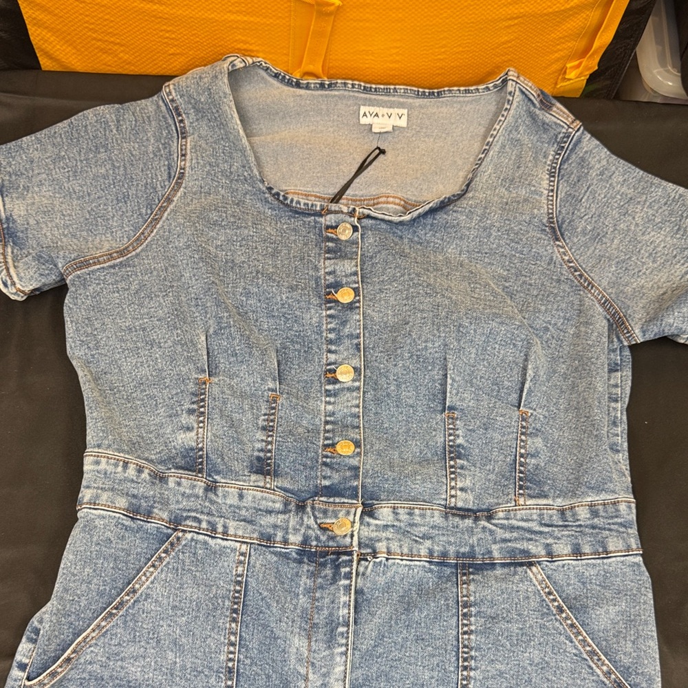 Ava & Viv Blue Denim romper pants with Buttons and zipper new medium wash color